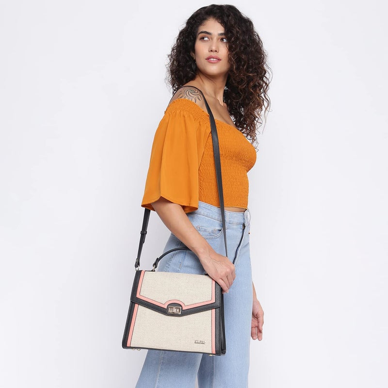 KLEIO Jute Canvas Top Handle Handbag for Women/Girls - Black Peach - Image 3